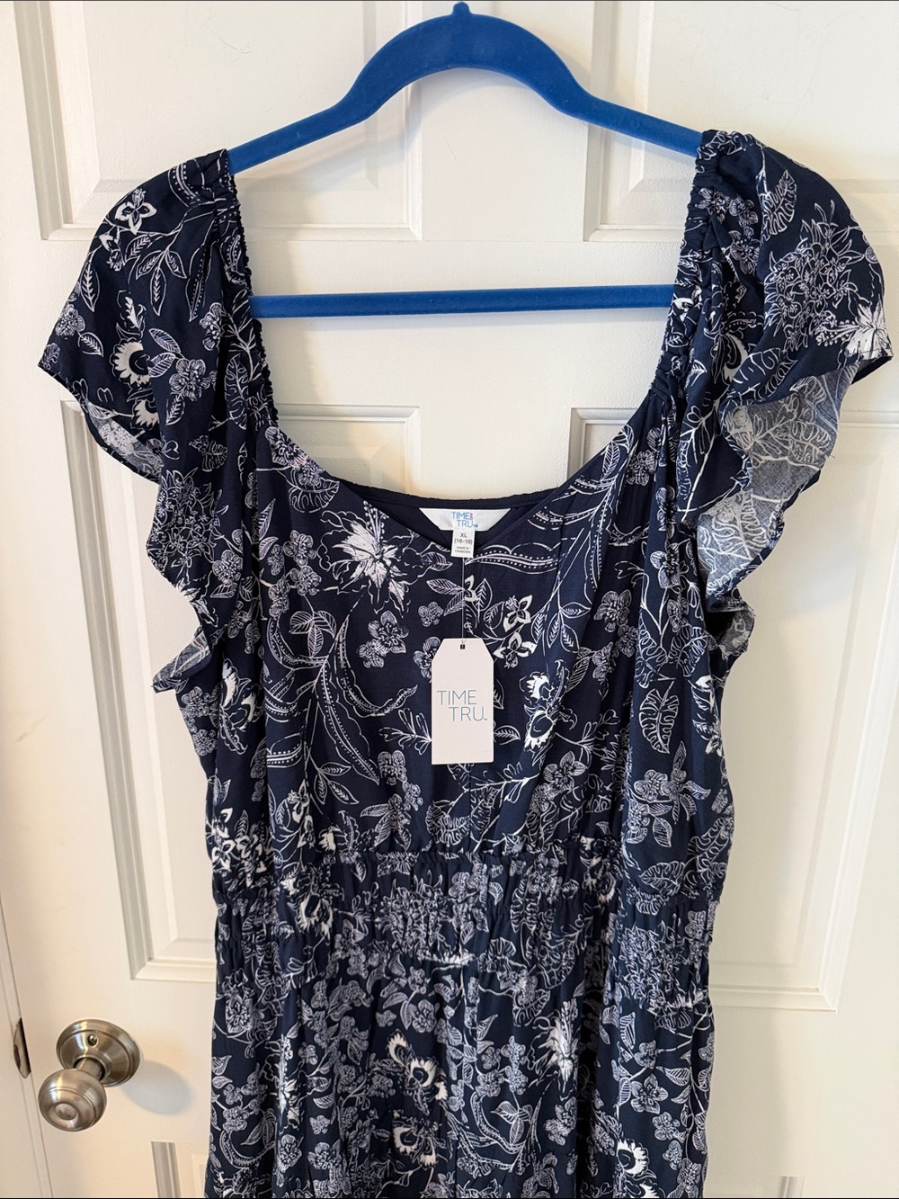 NWT Time and Tru Navy and White Floral Ruffle Sleeve Midi Dress Size XL 16-18 - Picture 2 of 8